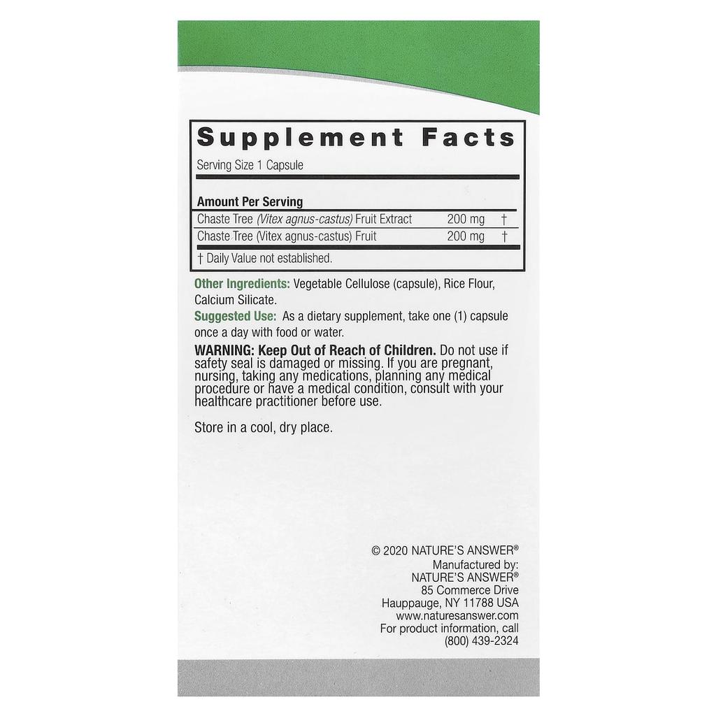 Nature's Answer Chasteberry, Vitex Agnus-Castus, 400Mg, 90 Veggie Caps