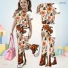 Girls Round Neck Short Sleeve Sloth Printed Top And Flared Pants Two Piece Set