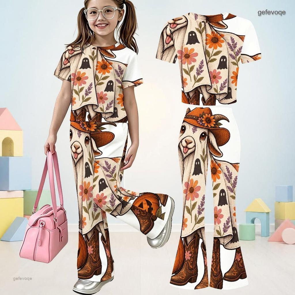 Girls Round Neck Short Sleeve Sloth Printed Top And Flared Pants Two Piece Set