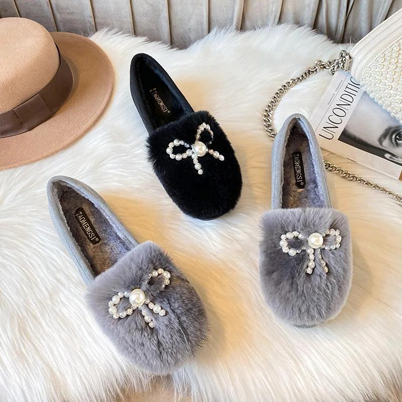 Fashion Thick Sole Round Toe Warm Plus Velvet Cotton Shoes Women Fashion Bow Tie Anti-slip Pearls Loafers Plus Size  Zapatillas 2025