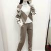 Geomatric feminino camisola conjuntos de ternos outono inverno grosso macio conjuntos de malha pullovers calça longa casual 2 pçs terno de pista