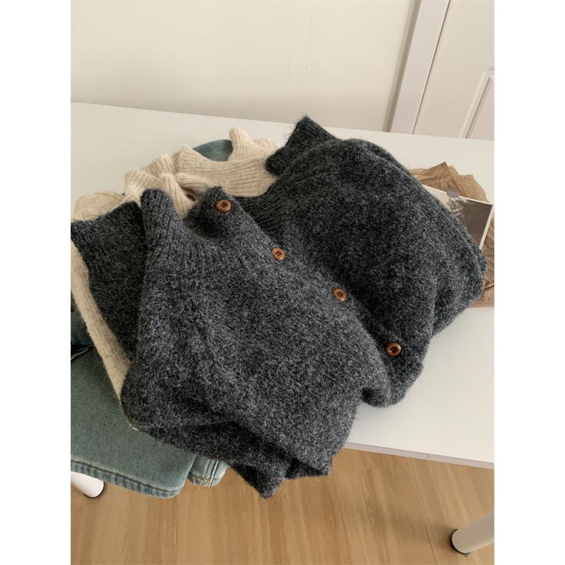 Korean Minimalist Wool High Neck Women's Button-Up Cardigan – Trendy Autumn/Winter Knitwear