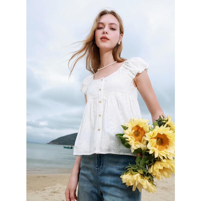 Sancai Damen besticktes Baumwoll-Babydoll-Oberteil mit Fledermausärmeln