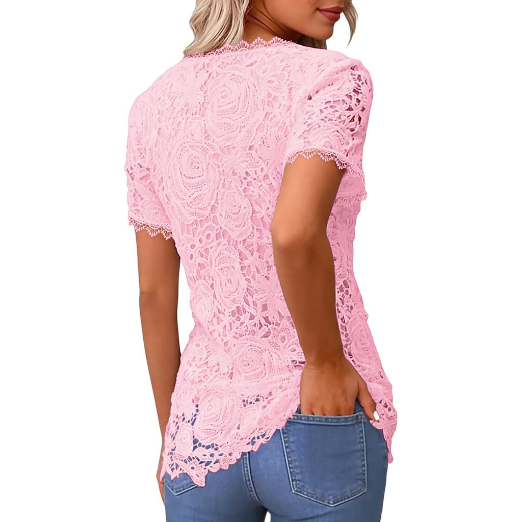 Ladies' Color Casual Elegant Short Sleeved T-shirt Lace Top