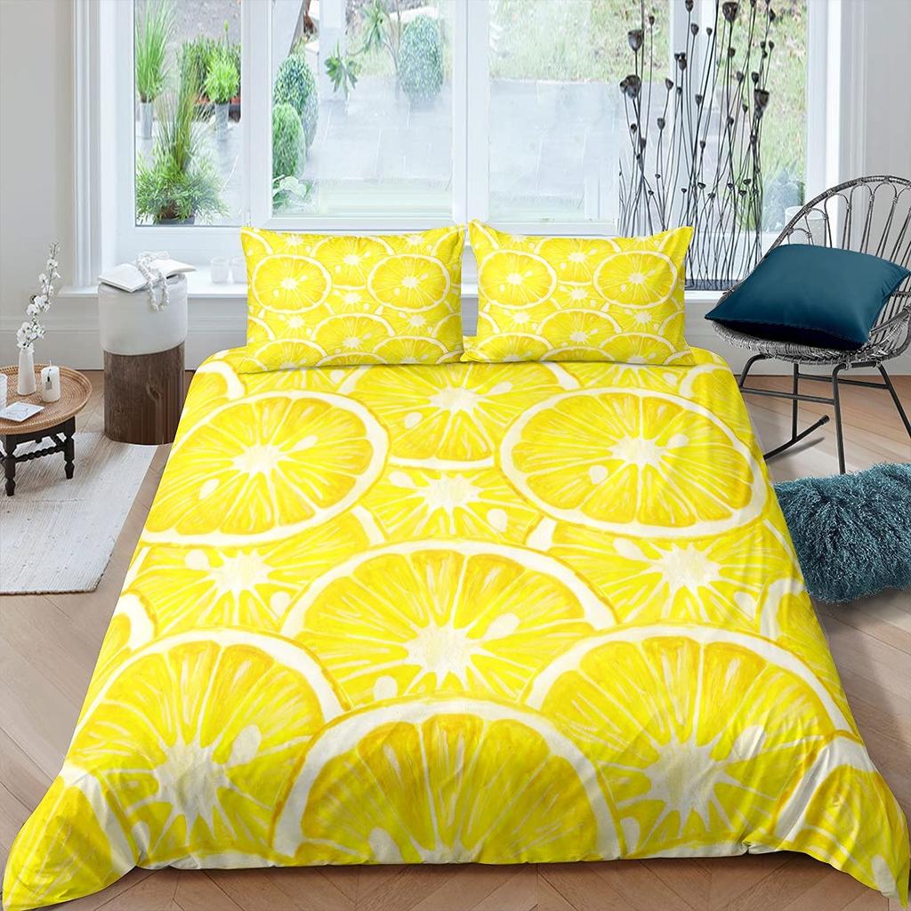 Nature Bedspread, Lemon Tre Branches Gardening Design, Decorative Quilted 3 Piece Coverlet Set featuring 2 Pilow Shams, Ful Sized Dimensions