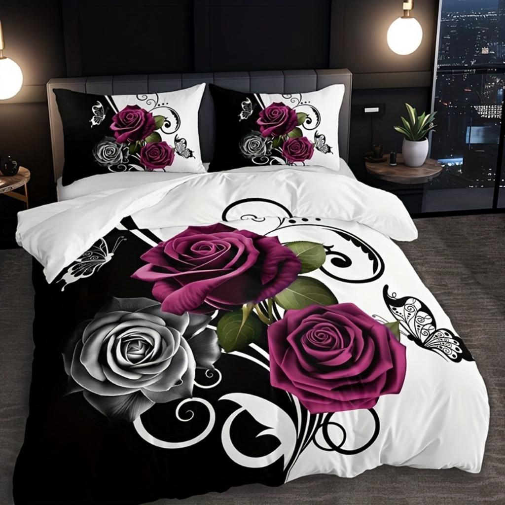 3pcs White Red Romantic Roses Bedding Set Soft Duvet Cover Set King Queen Twin Single Size Bithday Gift for Sister Room Decor