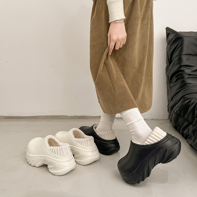 Thick-soled High-heeled Cotton Shoes Cotton Towing Home Cotton Slippers Autumn and Winter Velvet Bag Head Towing Warm Shoes