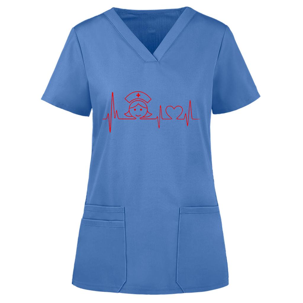(SU)Women Short Sleeve V-neck Tops Working  Solid Color Pocket Blouse