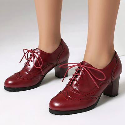 Women's Block High Heels Loafers Shoes Elegant Green Black Red Medium Heeled Lace-up Party Wedding Oxfords Shoes Female Big Size
