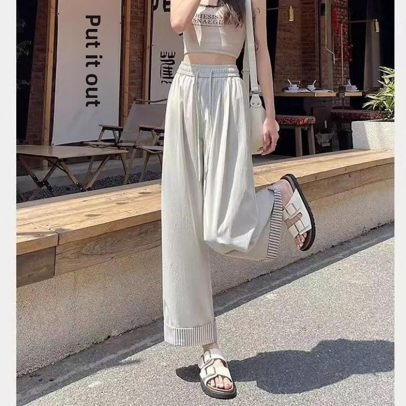 Women s Ice Silk Wide-Leg Pants 2026 Summer Thin High-Waisted Slimming Straight-Leg Draped Rolled-Edge Striped Cropped Casual Pants S бежевый
