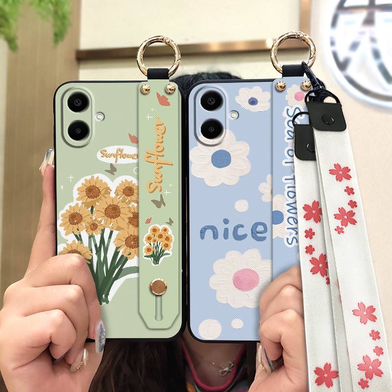 Durable Back Cover Phone Case For Samsung Galaxy A07 Flower Silicone Anti-knock Wrist Strap Shockproof Lanyard Anti-dust