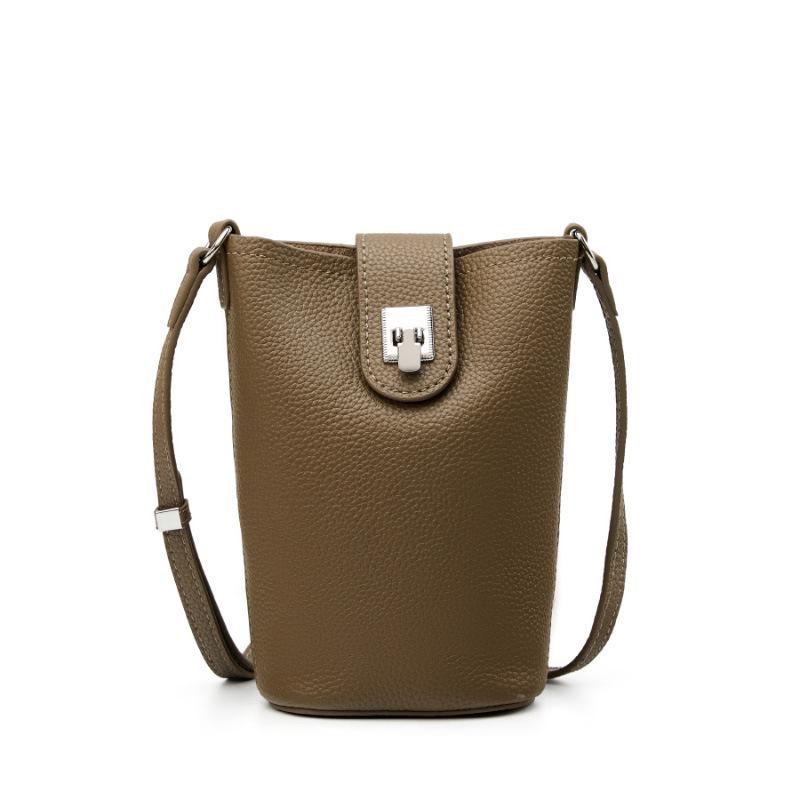 Top-grain Leather Single-shoulder Crossbody Small Bag, Mobile Phone Bag, Women's Versatile Leather Vertical Casual Small Bucket Bag