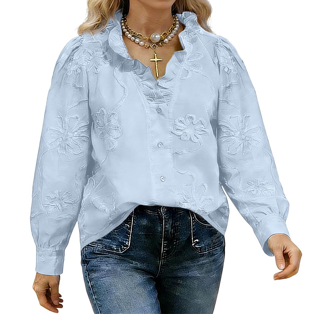 Long Sleeve Button Down Shirt for Women with Floral Embroidery Loose Fit Blouse Casual Collar Top for Daily Wear
