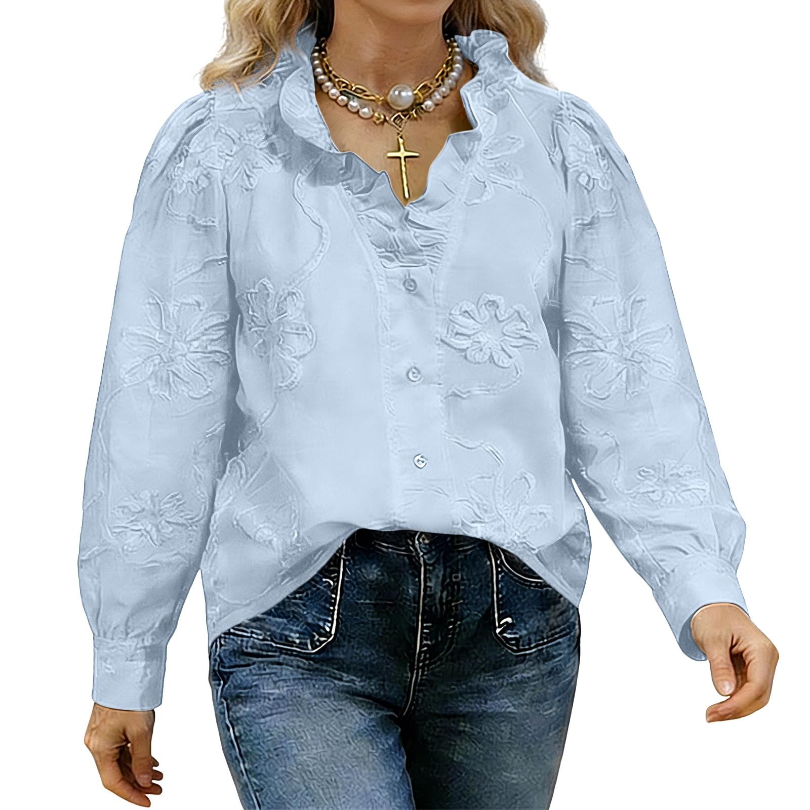Ladies  Color Spring/summer Lace Embroidered Cotton Linen Sweet Shirt XXL синий