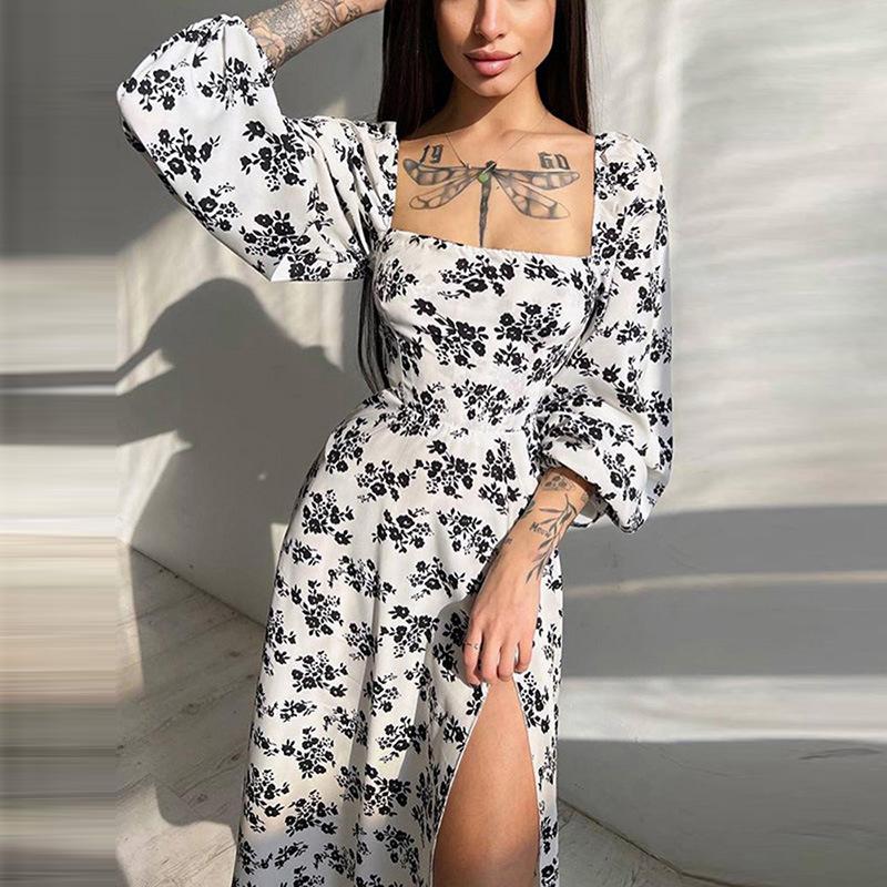 2026 Spring New Women s Temperament Elegant Printed Lantern Sleeve Slit Dress Female S белый