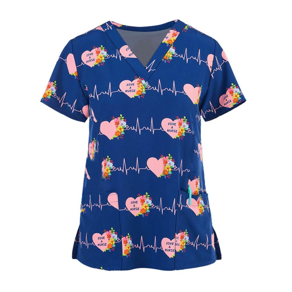 Uniforme de Travail pour Femmes Imprimé Animal Chat Chien Dessin Animé Manches Courtes Col V Hauts Femme Blouse Vêtement de Travail d'Infirmière Uniformes Médicaux