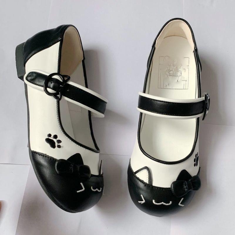 One-word Buckle with Pink Leather Shoes Popular Lolita Flat Single Shoes Women's Summer Bow Round Head Kitten Jk Uniform Shoes