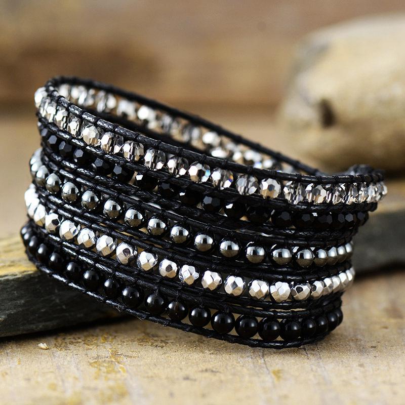 Bourbonmi Stone and Crystal Handmade Beaded Bracelet, European and American Retro Style, 5-strand Wrapped Woven Bangle, Friendship Jewelry.