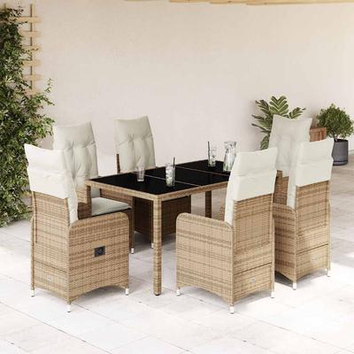 Vidaxl 7-Cz. Bistro-Möbelset mit Kissen, Beige, Polyrattan