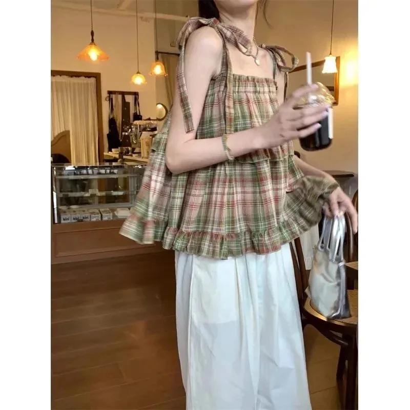 Summer Women's  Vintage Tanks & Camis Lace Up Green Crop Top Plaid Strap Sleeveless Tank Tops Clothes