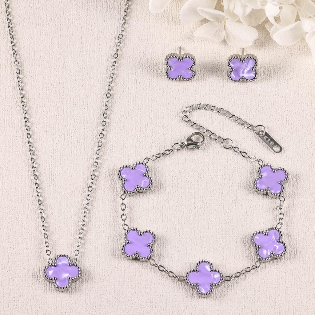 Conjunto de Brincos, Pulseira e Colar de Trevo 3 Peças Acessórios de Moda Coloridos de Luxo Leve