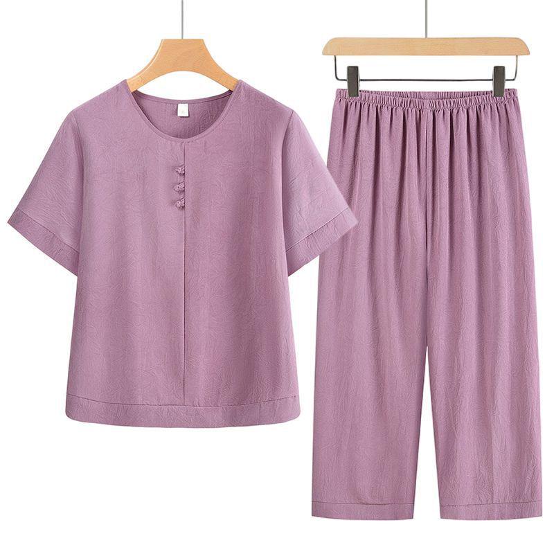 

Mom s Chinese Style Summer Outfit: Short-Sleeve Top & Pants Set for Middle-Aged and Elderly Women XL (suggested 43-50 kg)