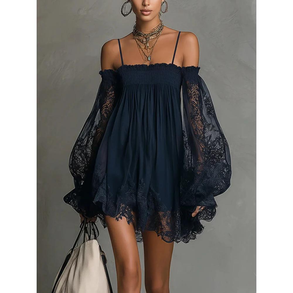 European and American sexy, women s perspective, long-sleeved suspender solid color, elastic one-word collar lace dress XS синий