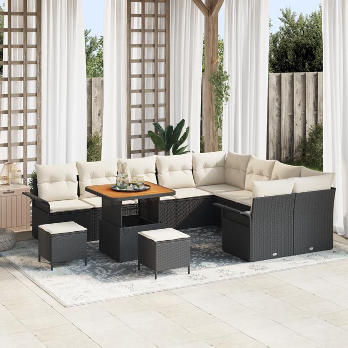 Ensemble de Sofas de Jardin 12 Pièces avec Coussins Noir Poly Rattan Acacia, Sofa de Jardin 2 Places avec Rangement 3364120