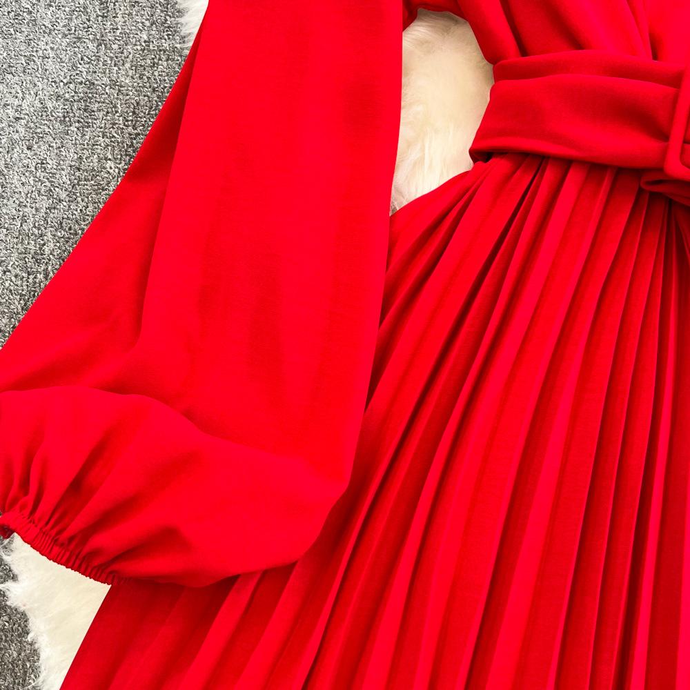 YYFS Abiti casual a vita alta con scollo a V a maniche lunghe con stampa tinta unita primavera autunno moda donna