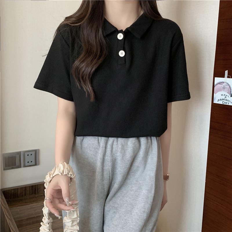 

Женский летний вафельный топ с коротким рукавом, с воротником поло, свободного и приталенного кроя, студенческий, хлопковый