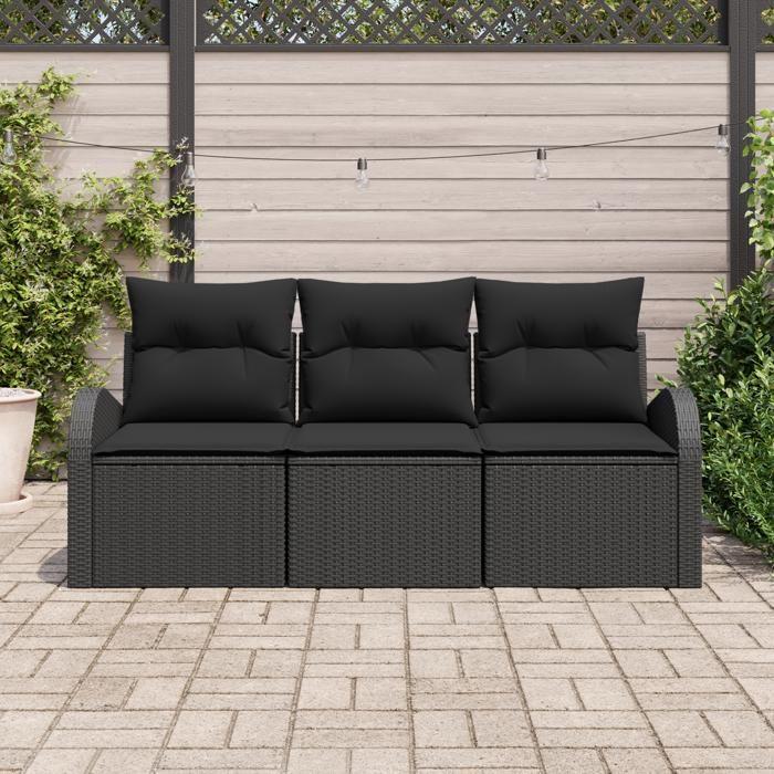 Ensemble de 3 canapés de jardin avec coussins noirs en poly rotin, Canapé de jardin 2 places avec rangement et coussins 3354572