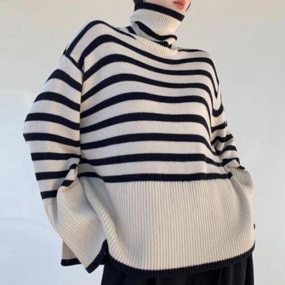 Navava Women S Striped Hem Slit Turtle Neck Long Sleeve Knit Top Nk2513