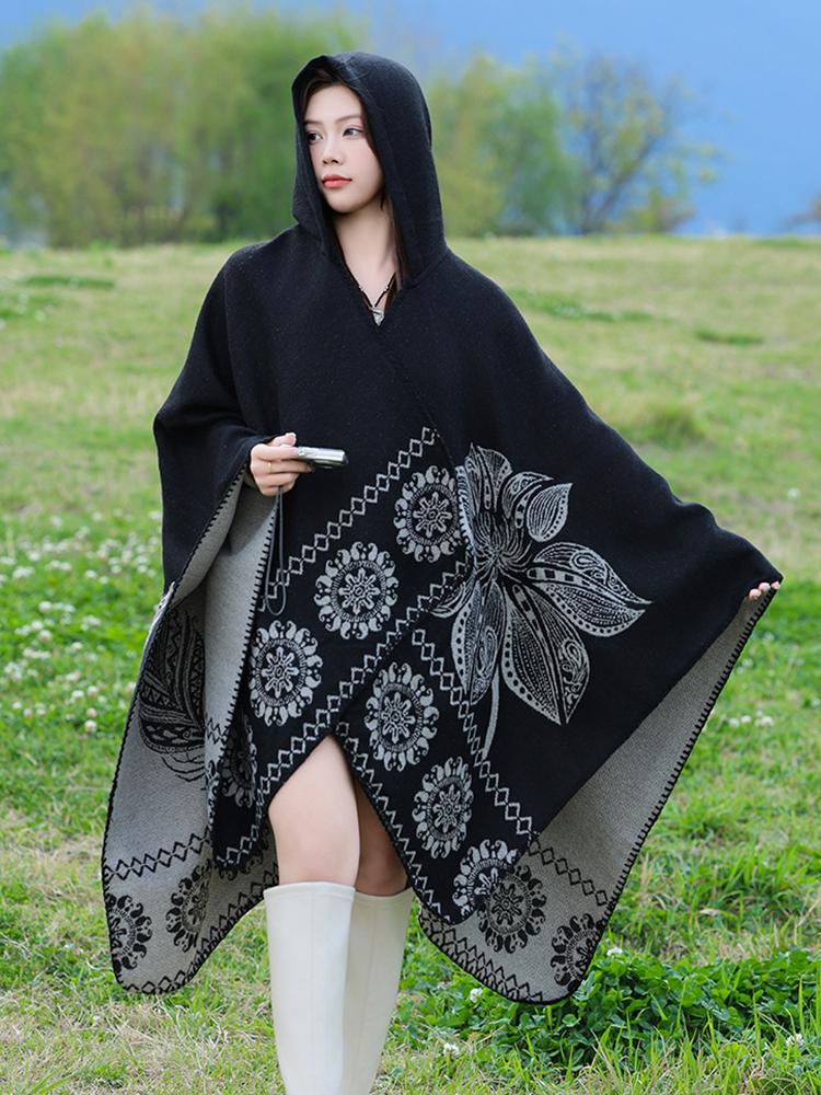 Winter Women Scarf Hooded Layers Poncho Elegant Lady Retro Floral Print Warm Wrap Shawl Scarve Capa Para Mujer Pashmina Cloak