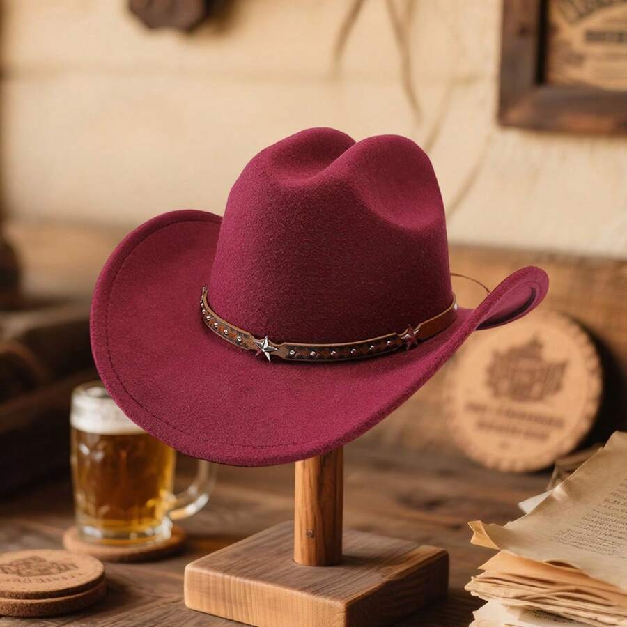 Unisex Western Cowboy Hat With Star Studded Leather Belt Wide Brim Felt Fedora For Men Women