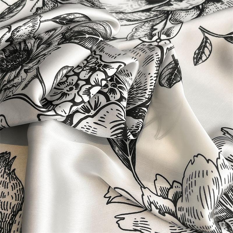 Monochrome Botanical Designer Print Scarf Women Silk Scarves Luxury Bandana Hijab Neckerchief Shawl Kerchief Hair Band Foulard