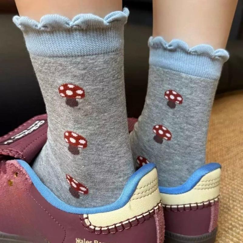 Mica Color Spring Retro Mushroom Mid-calf Pure Cotton Socks for Children