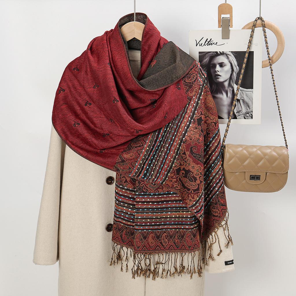 Hotsale Jacquard Printed Pashmina Shawl Women Cotton Muslim Hijab Tassel Headscarf Scarf Ethnic Style Tudung