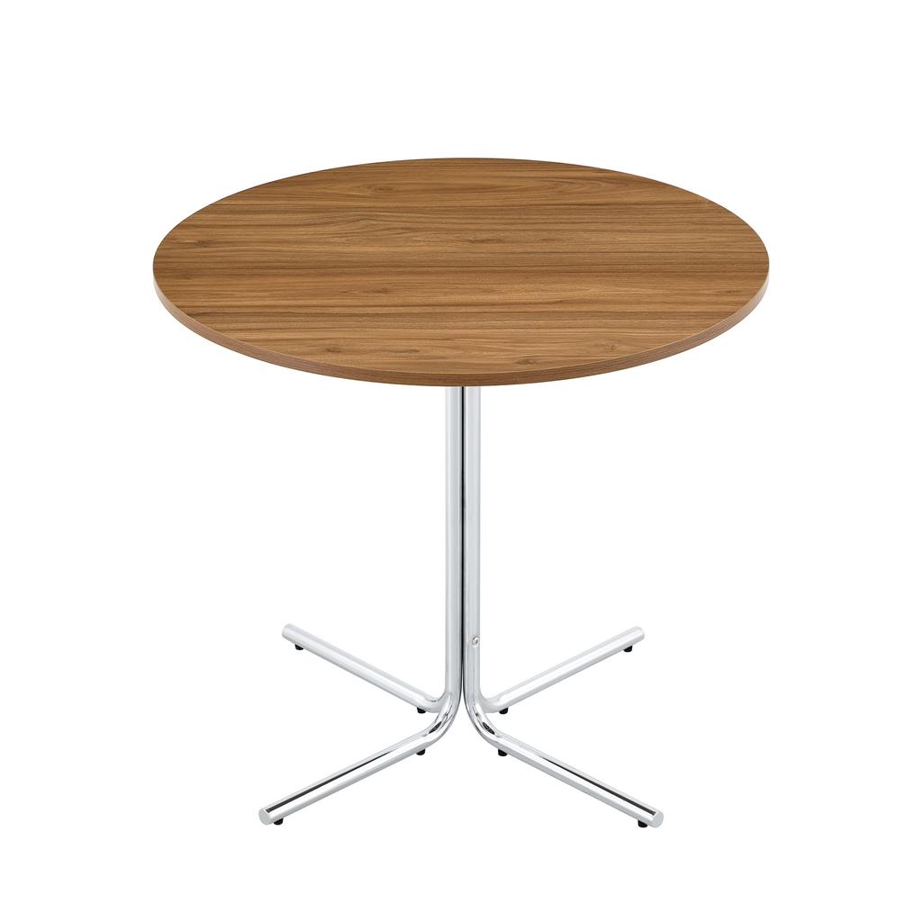 Round modern side table, walnut MDF tabletop, chrome-plated 3-leg metal frame, for living room, dining room, balcony and office, minimalist design
