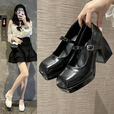 Summer New Square Head Universal Shallow Buckle Belt Leather Shoes Mary Jane Women's Shoes Thick Heel High Heels Single Shoes Women