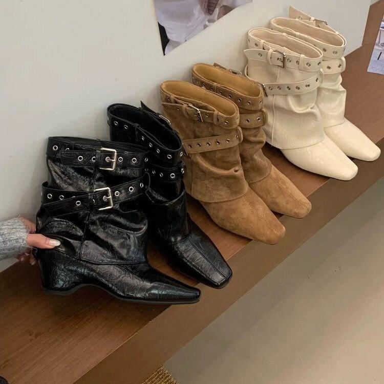 Height-increasing Retro Pointed Maillard Knight Trouser Boots New Belt Buckle Thick Heel Western Cowboy Short Boots