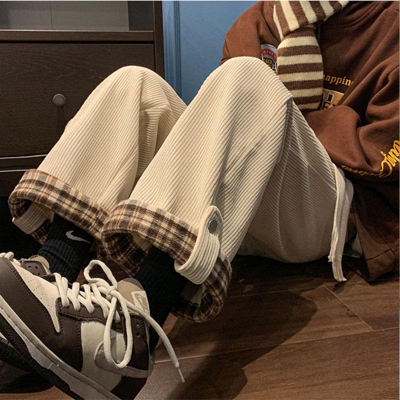 

Женские клетчатые вельветовые брюки с высокой посадкой и широкими штанинами на флисовой подкладке - Маленький размер, Свободный крой, Стиль с отворотами для весны/осени. XL