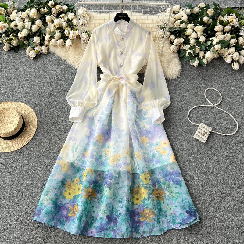 

French Style Retro Long Sleeve New Arrival Big Swing Chiffon Dress Blue M