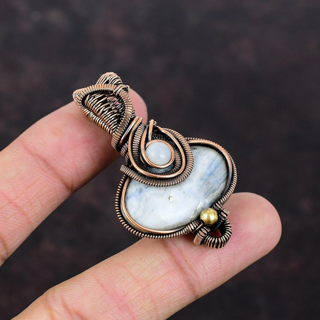 Blue Scheelite Pendant Copper Wire Wrapped Rainbow Moonstone Pendant Handmade Copper Jewelry Gift For Mom Gemstone Pendant Wire Wrap Jewelry