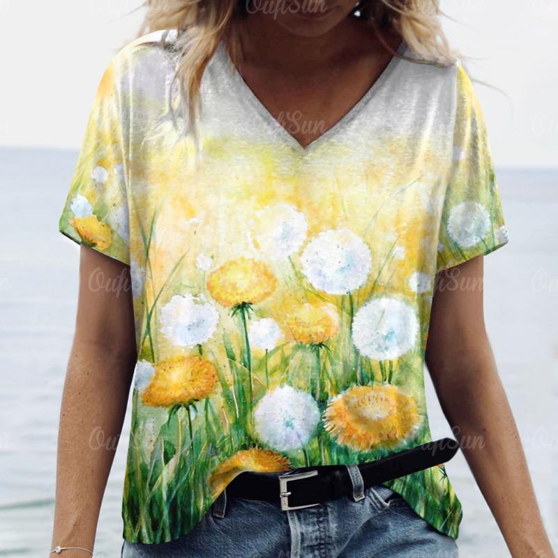 Women Short Sleeves V-Neck T-Shirt Oversized Beautiful Clothing Loose T Shirt Clothing Woman Flowers Print Top Pullover Outdoor