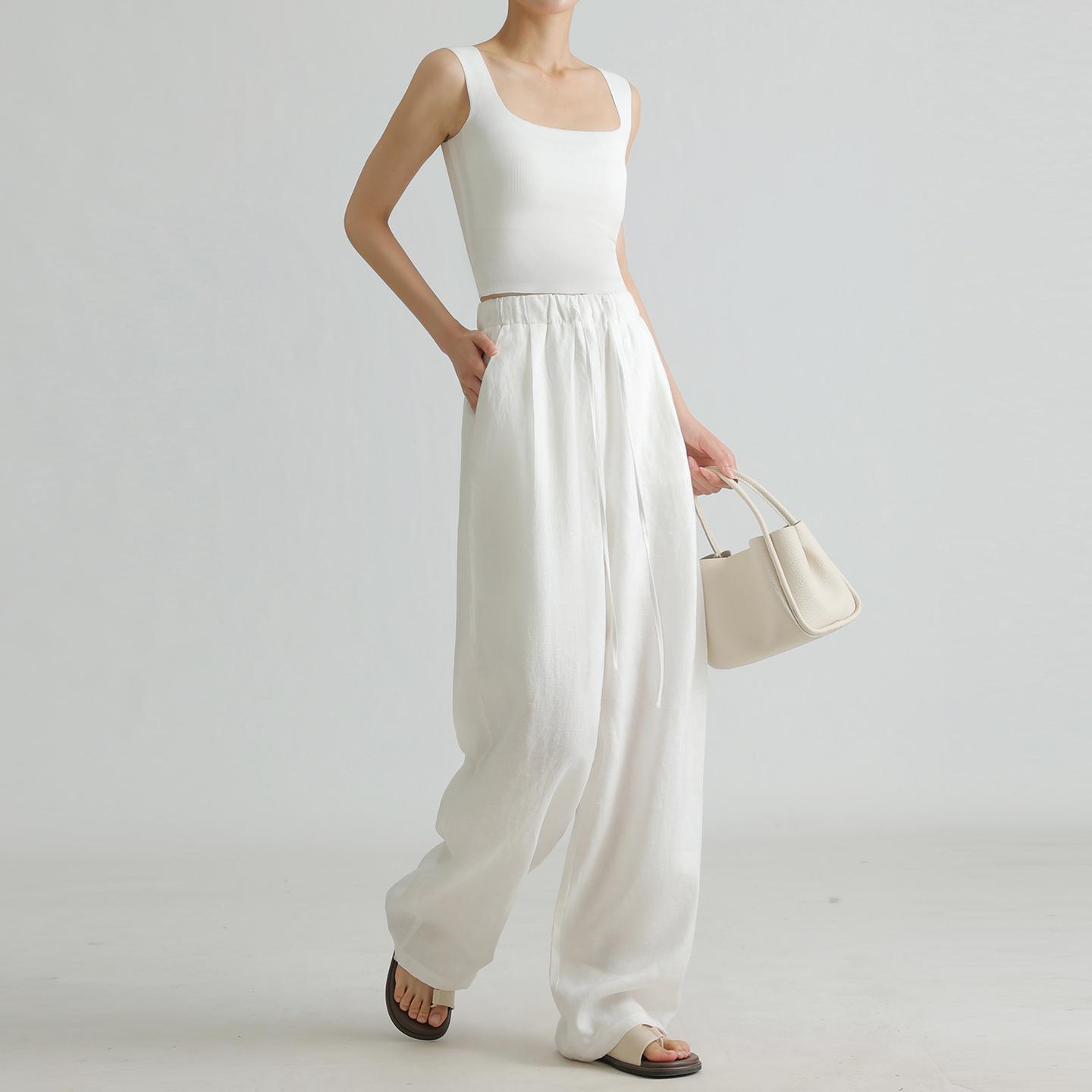 

2026 Summer Lightweight 100% Linen Wide-Leg Slimming Elastic Waist Breathable Floor-Length Women s Casual Pants Small