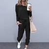 Yousheng 2 Pcs/Set Women Top Pants Suit Crew Neck Long Sleeves Solid Color Sleepwear Sport Sweatshirt Drawstring Elastic Waist Trousers Fitness Outfit