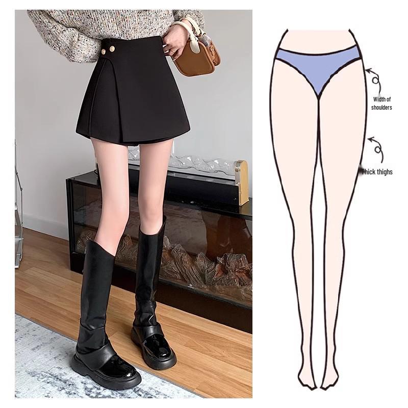 Petite Women's High-Waisted A-Line Black Culottes - Autumn Two-Piece Bootcut Shorts Suit