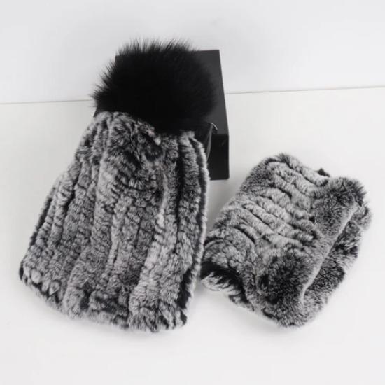 New Fashion Knitted Good Elastic Real Fur Scarf Hat Sets Women Winter Warm Natural Rex Rabbit Fur Scarves Hats Sets