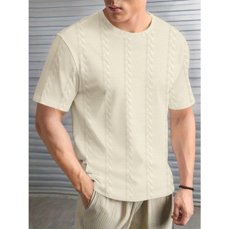 Mens Casual Solid Color Textured Cable Knit Short Sleeve Crew Neck T Shirt