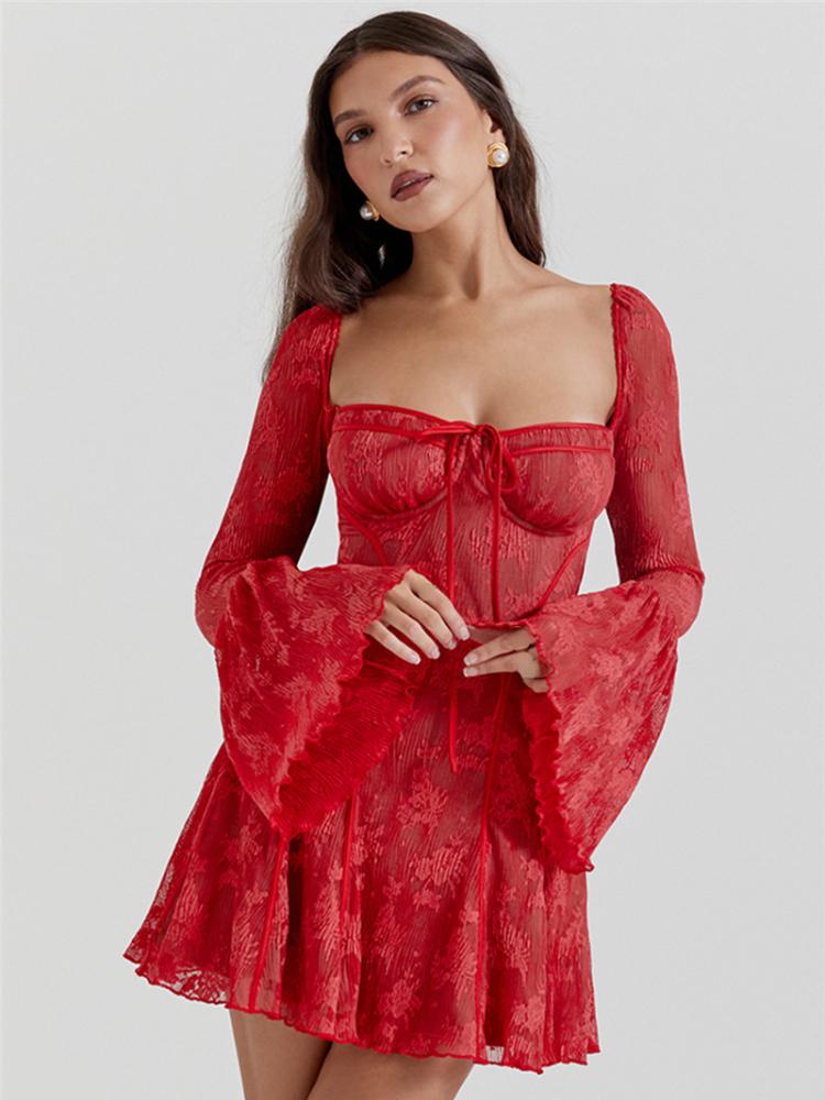

Elegant Backless One Piece Dress Women Sexy Long Sleeve Evening Party Mini Dresses Female Korean Fashion Square Collar A-line Club Pretty Dress 2026 S красный